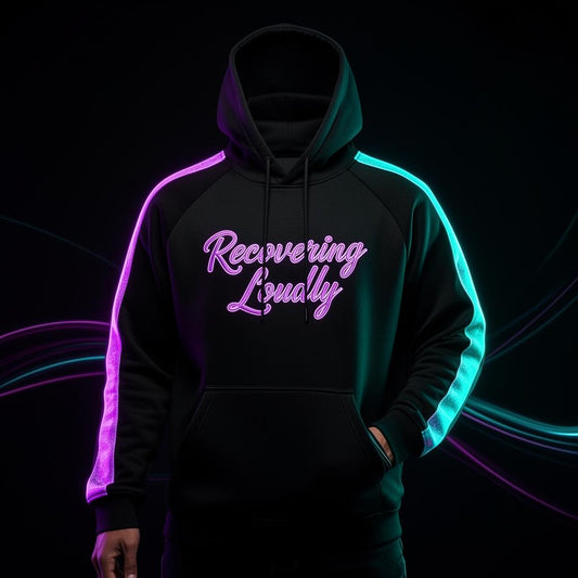 SolBanz Recovering Loudly Hoodie with neon purple and teal accents